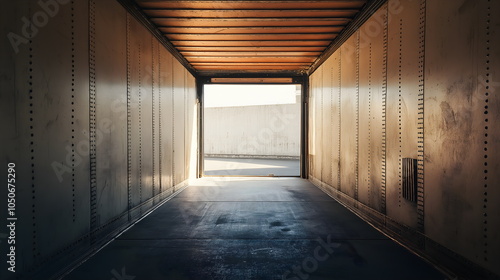 Empty cargo container interior with metal walls and floor. Shipping and logistics advertising