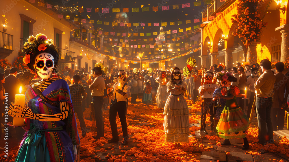 Obraz premium A vivid scene of a Día de los Muertos procession in a traditional Mexican town square.