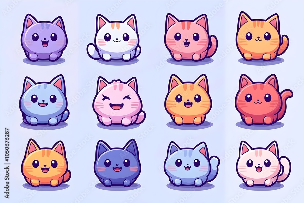 Obraz premium A playful collection of twelve cartoon kittens, each with unique colors and expressions, creating an adorable and cheerful atmosphere. Perfect for cat lovers and playful designs.