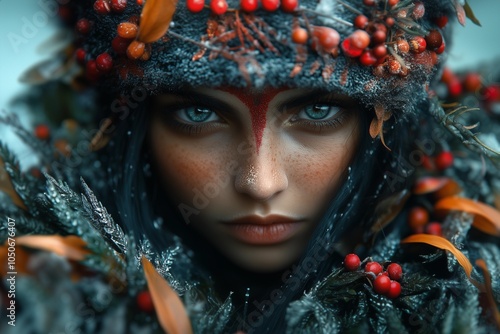 Closeup portrait of a fierce winter witch covered in pine leaves and berries with red face paint