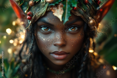 Beautiful dark skinned elf wearing a crown of Christmas holly and gold baubles