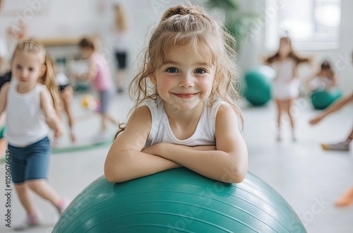 Cute little girl sitting on a green fitness ball in the children's gym, smiling and looking at the camera with her arms folded, surrounded by other kids doing various sports activities