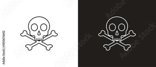 Dangerous crossbones and skull icon. Biohazard Icon, Crossbones and Skull vector icon outline. Cartoon outline icon. Crossbones vector illustration in black and white background. Editable stroke.