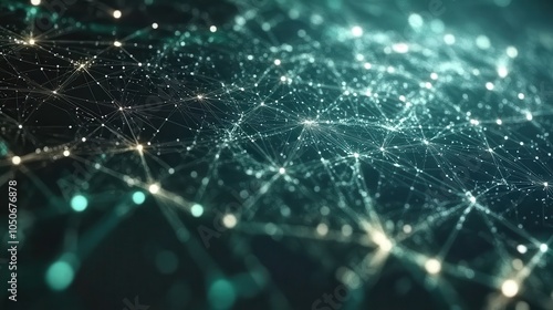 A complex 3D visualization of blockchain nodes forming a digital grid, with bright green and blue hues illuminating a dark, futuristic background.