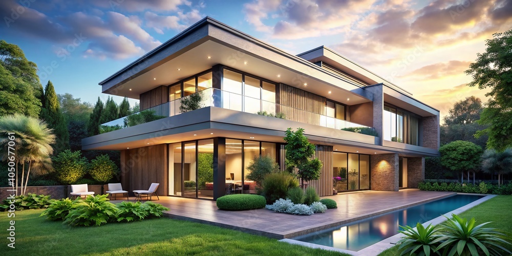 Fototapeta premium Modern Villa Exterior Design with Lush Landscaping and Clear Blue Sky for Real Estate Marketing