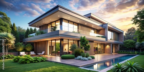 Modern Villa Exterior Design with Lush Landscaping and Clear Blue Sky for Real Estate Marketing