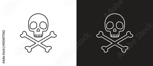 Biohazard Icon, Crossbones and Skull vector icon line. Dangerous crossbones and skull icons. Caartoon skeleton icons. Crossbones vector illustration in black and white background. Edotable stroke.