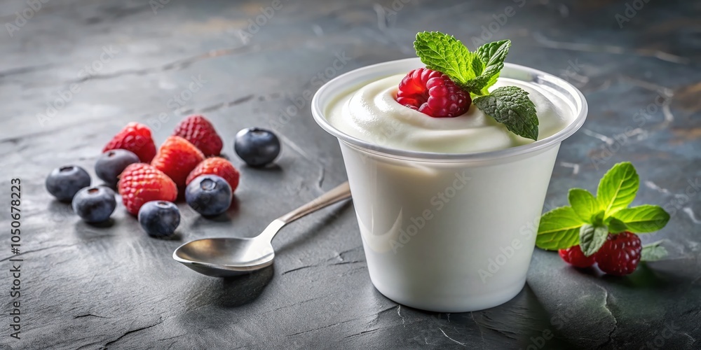 Natural Yogurt in Plastic Cup on Grey Table - Delicious Snack for Health Enthusiasts Natural Yogurt in Plastic Cup on Grey Table - Delicious Snack for Health Enthusiasts