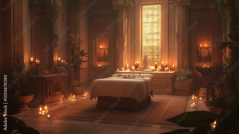 Fototapeta premium A Luxurious Spa Room with Candlelight and a Massage Table