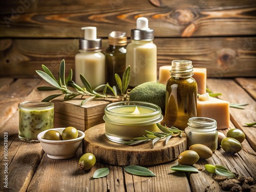 "Natural Beauty: Vintage Style Olive and Beige Skincare Products"