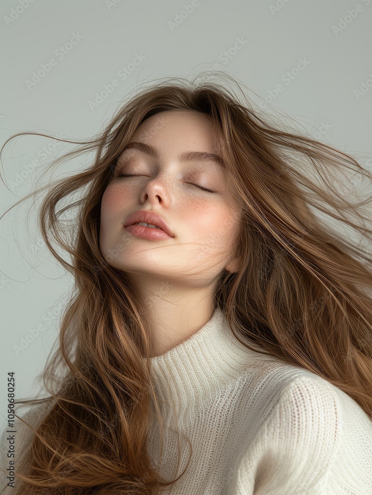 calm and wind in studio for hair care with peace, natural makeup and organic cosmetics for healthy straight growth. Woman, eyes closed and salon repair on grey background calm and wind in studio for hair care with peace, natural makeup and organic cosmetics for healthy straight growth. Woman, eyes closed and salon repair on grey background