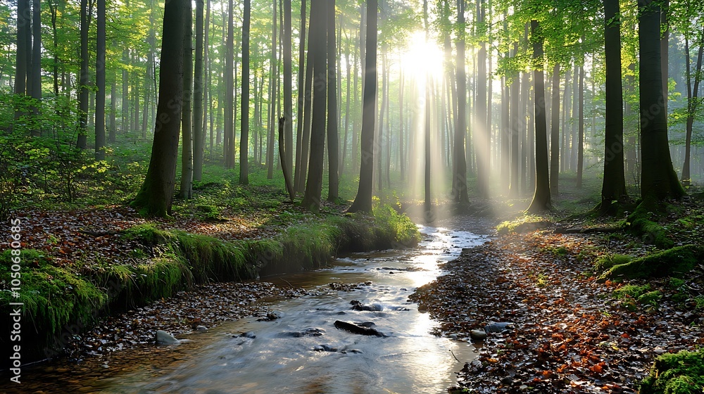 Obraz premium A serene woodland scene in the early morning, with dew-covered leaves, a small stream trickling through, and birds beginning to chirp 