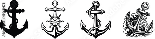Collection of anchor, logo and tattoo design, vector illustration.