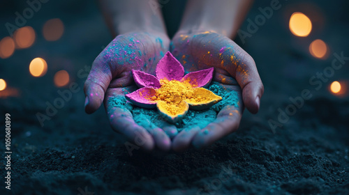 close up of hands holding colorful rangoli design made with vibrant powders, symbolizing celebration and creativity. soft glow of lights in background adds festive atmosphere photo