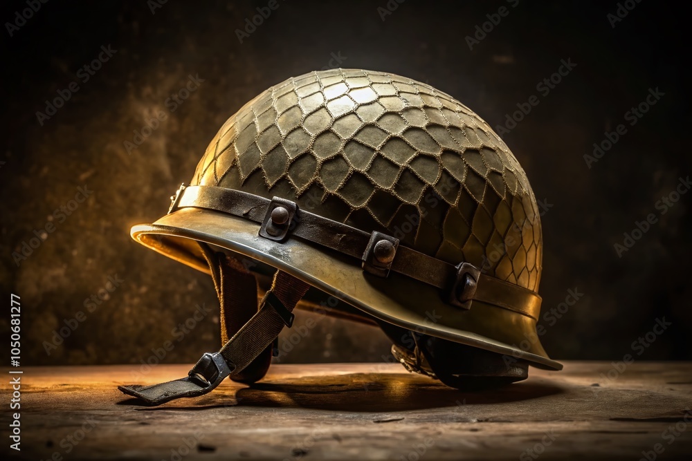 Fototapeta premium Night Photography of WWII US Military M1 Helmet in Side View with Atmospheric Lighting