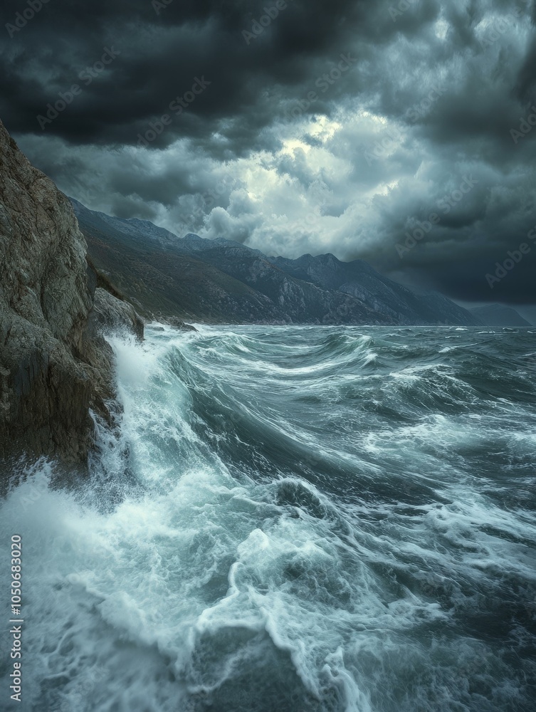 Obraz premium Dramatic Stormy Sea with Crashing Waves and Dark Clouds