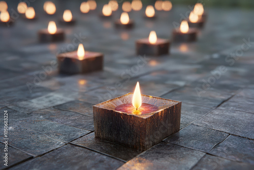 Floating candles illuminate serene setting, creating tranquil atmosphere. warm glow of flames reflects on surrounding surfaces, enhancing peaceful ambiance photo