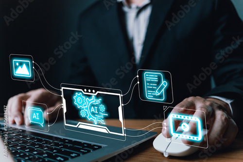 Man use laptop and software to show icon AI on screen. Marketers educate, research, analyze media video streaming content creation, and use online marketing strategies to grow their digital business.