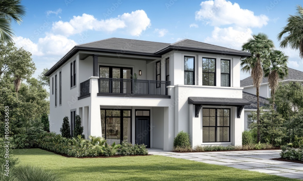 A modern two-story house with white walls, a gray roof, and black accents. There is an open balcony on the second floor, with large windows overlooking the green trees and lawn grass in front of it. A modern two-story house with white walls, a gray roof, and black accents. There is an open balcony on the second floor, with large windows overlooking the green trees and lawn grass in front of it.