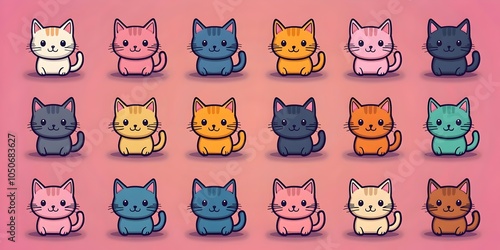A delightful grid of colorful, cartoon-style kittens, featuring various playful expressions. Each kitten, in shades of orange, gray, black, pink, and white, exudes charm and cuteness.