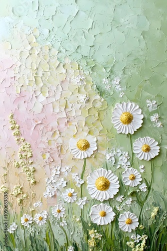 A textured canvas featuring elegant white and yellow daisies against a soft pastel gradient background, evoking a serene and cheerful atmosphere in a floral setting.