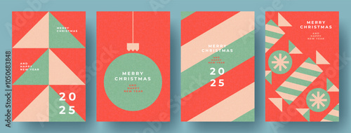 Set of Xmas card, banner, cover, poster in retro geometric minimalist style with simple shapes of Christmas tree, ball, candies. Merry Christmas and Happy New Year 2025 posters design templates