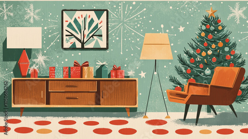Mid Century Modern Christmas Living Room Decor with Gifts and Festive Tree