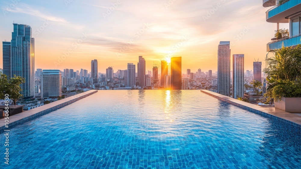 Fototapeta premium Rooftop Infinity Pool Overlooking City Skyline at Sunset