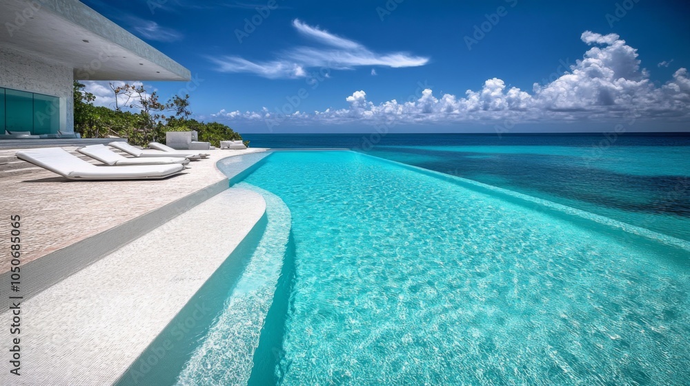 Fototapeta premium Infinity Pool Overlooking Turquoise Ocean With Loungers