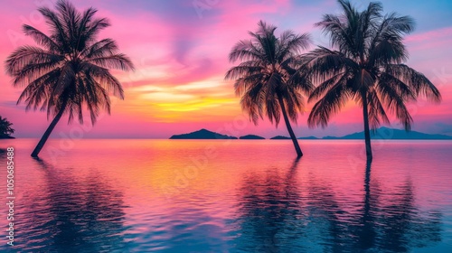 Three Palm Trees Silhouetted Against a Vibrant Sunset Over Calm Ocean Water