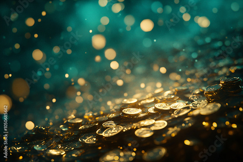 Pile of gold coins on abstract green background with bokeh. Design festive background template for St. Patrick's Day, holiday or event with space for text photo