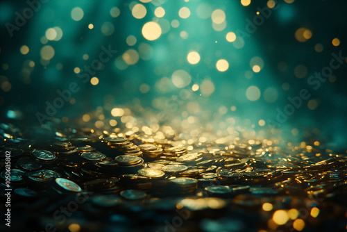 Pile of gold coins on abstract green background with bokeh. Design festive background template for St. Patrick's Day, holiday or event with space for text photo