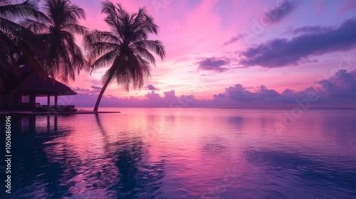 Palm Tree Silhouette and Sunset Reflecting in Still Water