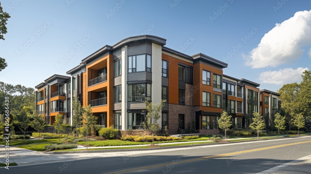 Modern apartment building with orange and gray siding, large windows, and balconies. The building is set back from a street with trees and green grass in the foreground. Modern apartment building with orange and gray siding, large windows, and balconies. The building is set back from a street with trees and green grass in the foreground.