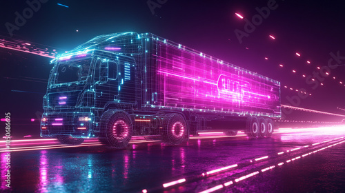 Futuristic Neon Semi Truck Driving on Road at Night