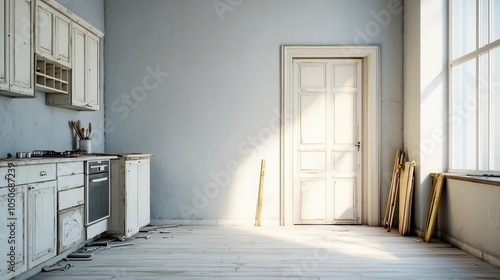 Dustcovered kitchen with broken cabinets, renovation tools scattered, light streaming in from an open door house  dust  renovation, rebirth of space photo