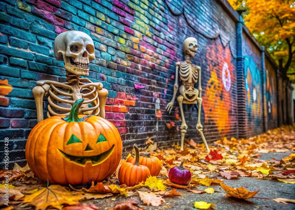 Playful Halloween Scene with Pastel Pumpkin and Skeleton for Urban Exploration Photography Playful Halloween Scene with Pastel Pumpkin and Skeleton for Urban Exploration Photography