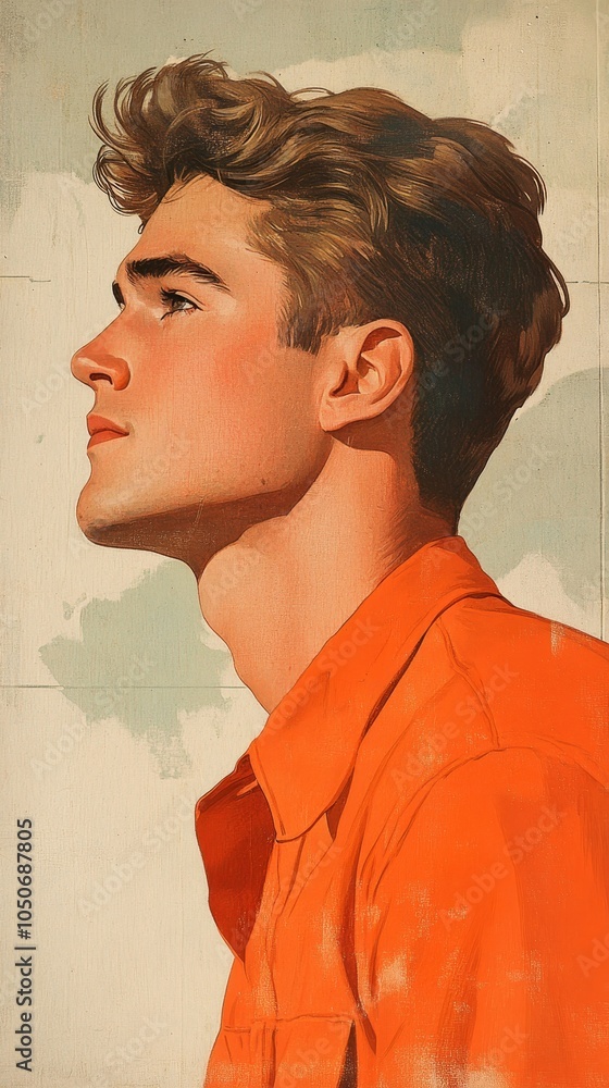 Fototapeta premium Vintage Illustration of a Contemplative Young White Man with Brown Hair in Orange Shirt, Portrait Art for Historical Themes and Retro Designs, Generative AI