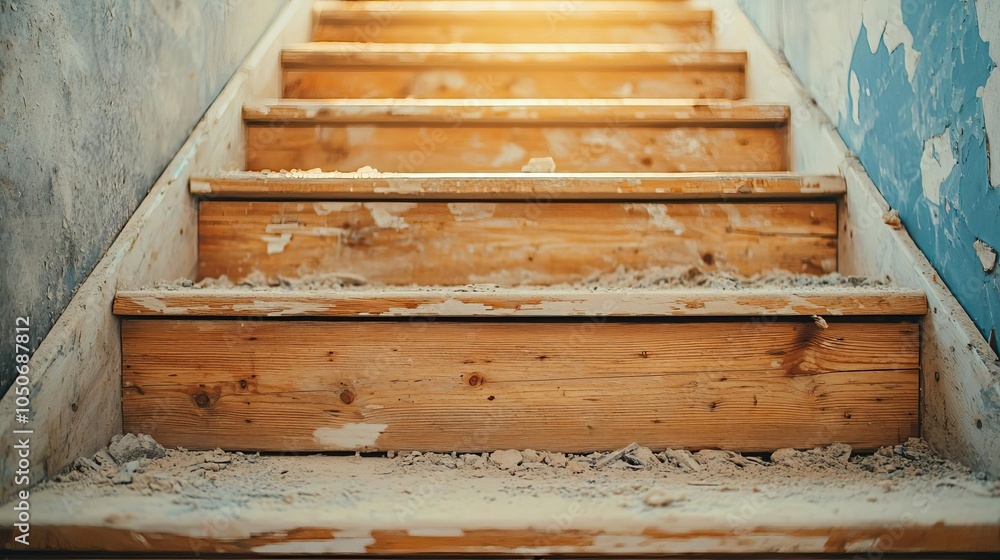 Old wooden staircase filled with dust, partially torn apart for renovation, sun rays highlighting the particles in the air house dust renovation, transforming the past Old wooden staircase filled with dust, partially torn apart for renovation, sun rays highlighting the particles in the air house dust renovation, transforming the past