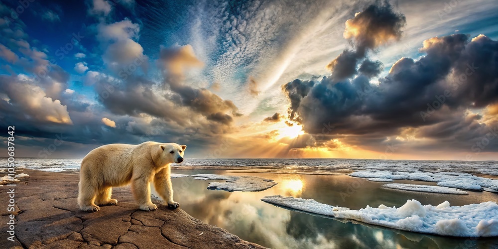 Fototapeta premium Polar Bear in Abandoned Landscape Highlighting Global Warming Effects - Panoramic Photography