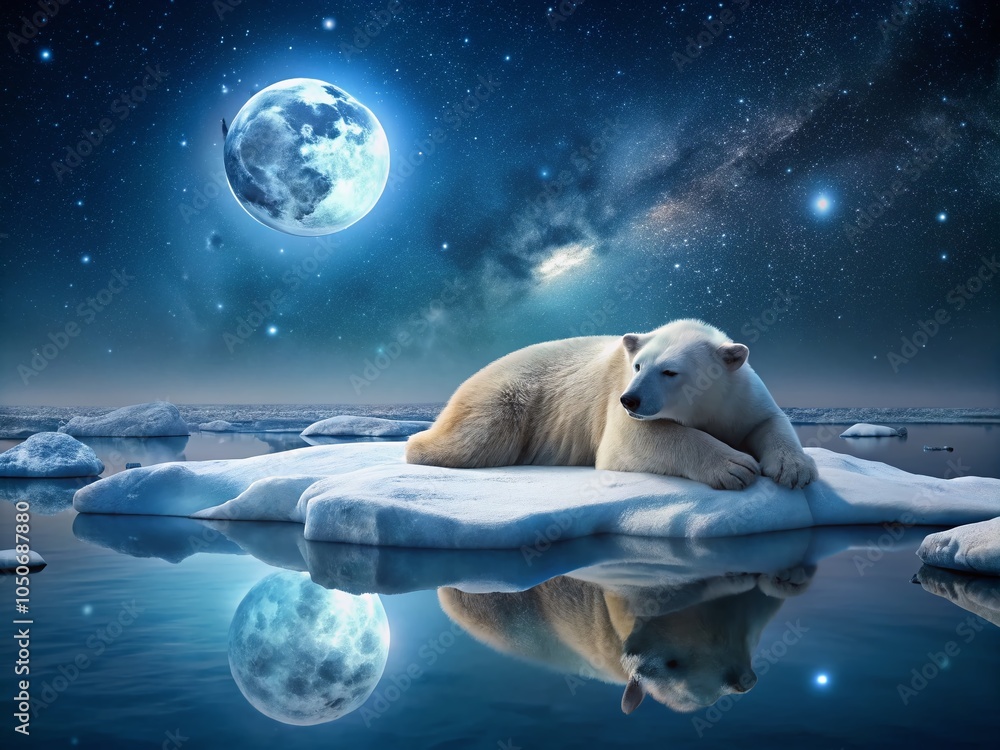 Obraz premium Polar Bear on Melting Ice Floe in Arctic Landscape - Night Photography