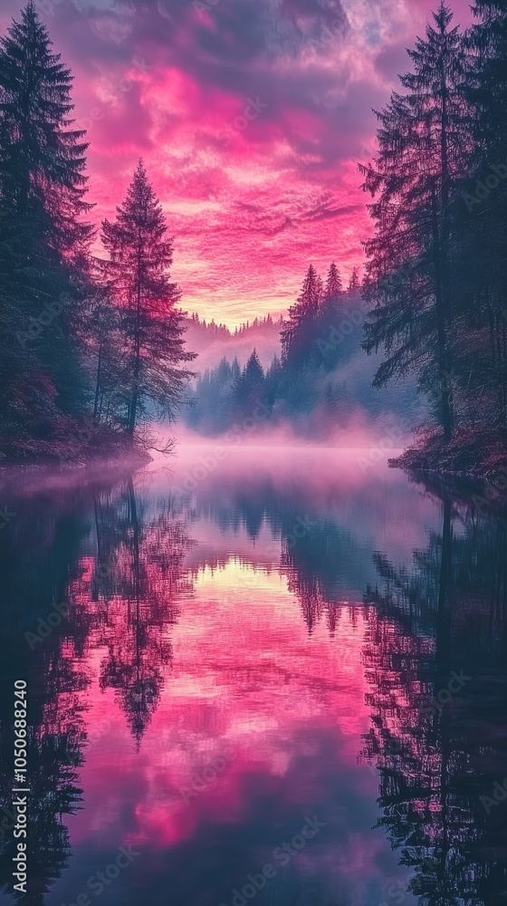 Mystic Forest River at Sunset with Dramatic Red and Purple Foggy Sky Reflections, Generative AI Mystic Forest River at Sunset with Dramatic Red and Purple Foggy Sky Reflections, Generative AI