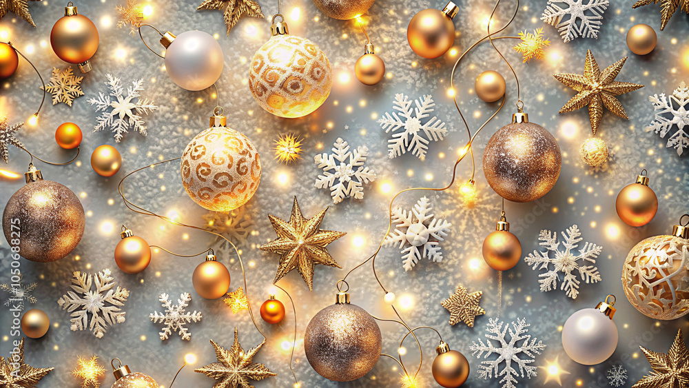 New Year's golden balls and snowflakes on a snowy background New Year's golden balls and snowflakes on a snowy background