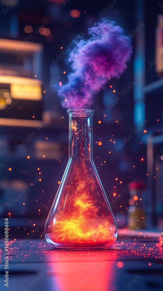 Colorful Chemical Reaction Emitting Ethereal Cartoon Smoke from Glowing Glass Beaker in Vibrant Laboratory Setting, Generative AI Colorful Chemical Reaction Emitting Ethereal Cartoon Smoke from Glowing Glass Beaker in Vibrant Laboratory Setting, Generative AI