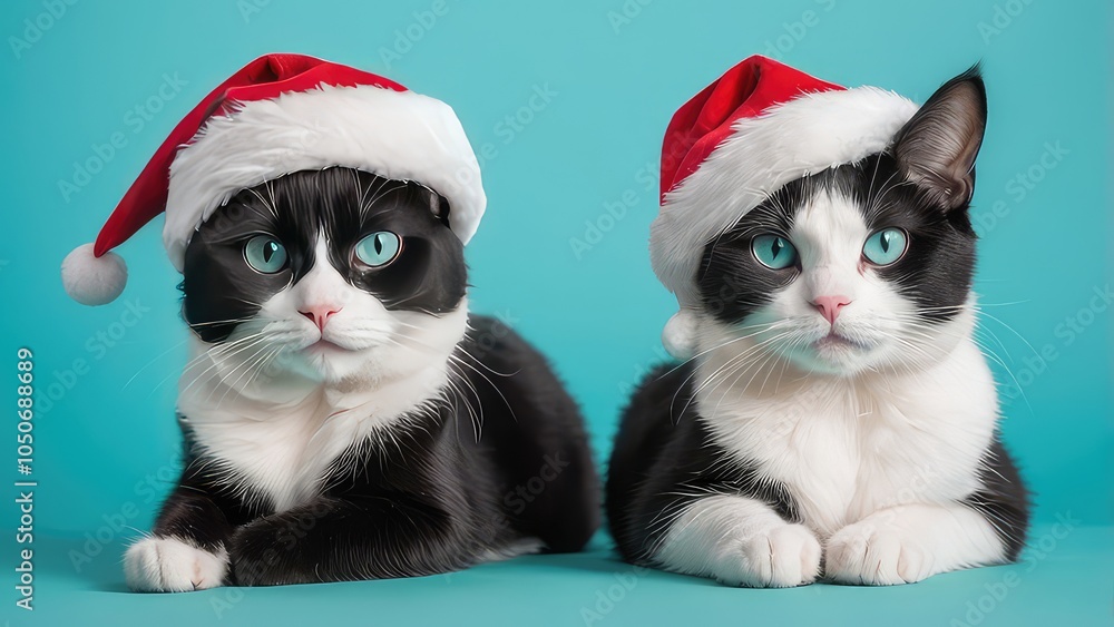 A black cat donning a Santa hat against a light blue background, ideal for spreading holiday cheer on cards and festive celebrations. A black cat donning a Santa hat against a light blue background, ideal for spreading holiday cheer on cards and festive celebrations.