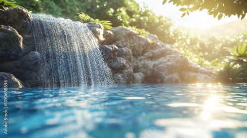 Waterfall cascading into a tranquil pool in a lush green forest setting