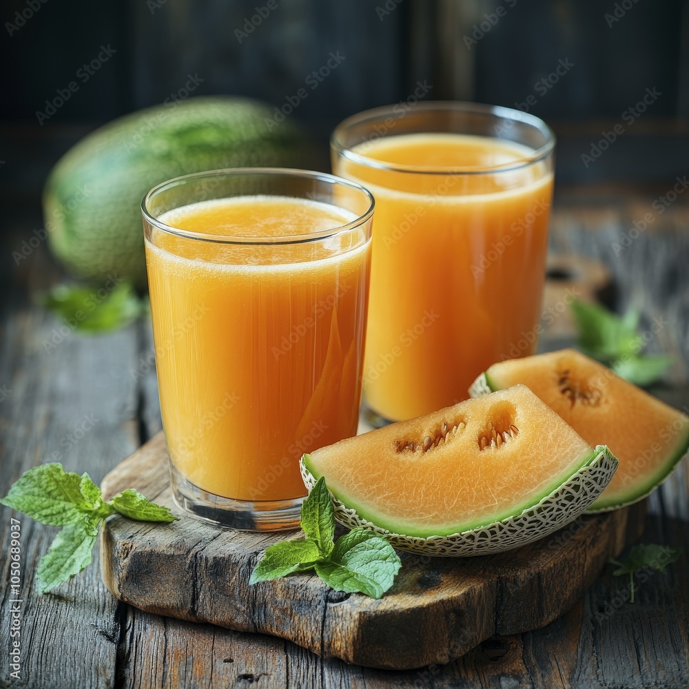 Cantaloupe Juice with Mint Leaves - Refreshing Summer Drink Cantaloupe Juice with Mint Leaves - Refreshing Summer Drink