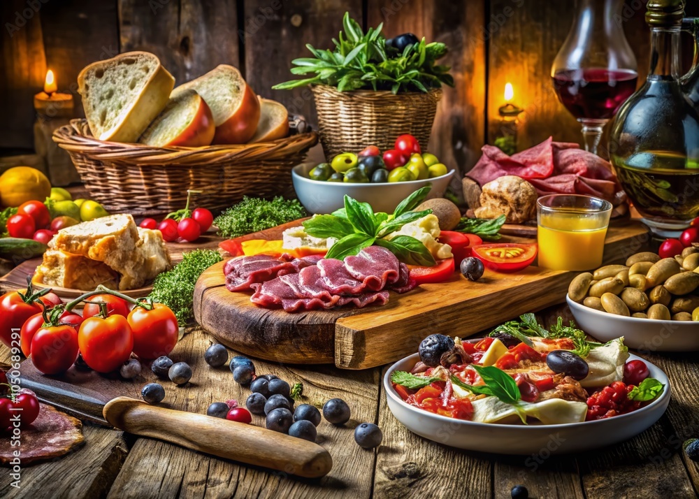 Prosciutto di Parma Antipasti Buffet with Fresh Ingredients and Elegant Presentation Prosciutto di Parma Antipasti Buffet with Fresh Ingredients and Elegant Presentation