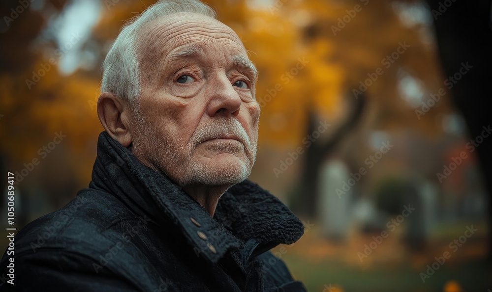 Pensive Elderly Man Reflecting on Mortality in Cemetery with Thoughtful Expression, Contemplating Life and Death, End-of-Life Reflections, Emotional Senior Portrait, Autumn Cemetery, Generative AI Pensive Elderly Man Reflecting on Mortality in Cemetery with Thoughtful Expression, Contemplating Life and Death, End-of-Life Reflections, Emotional Senior Portrait, Autumn Cemetery, Generative AI