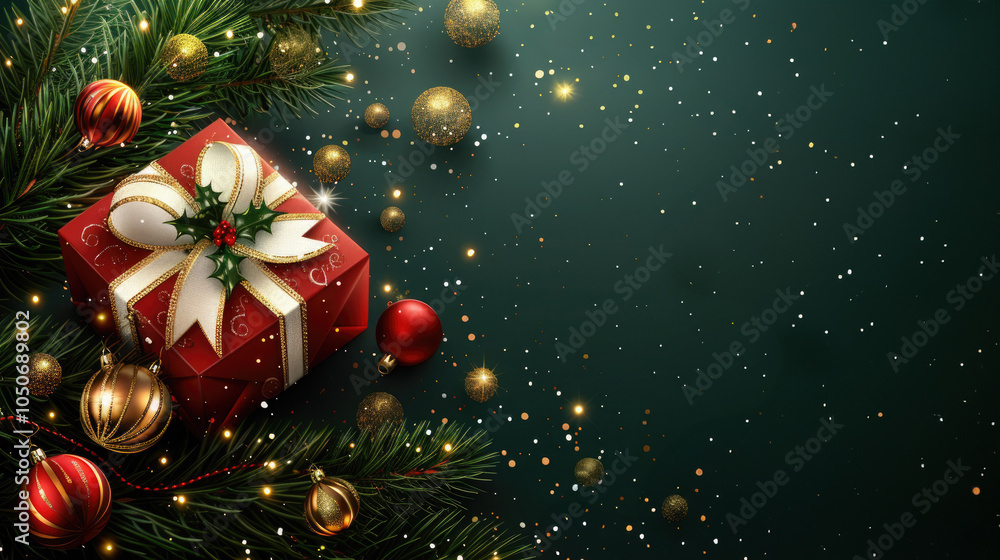 Christmas template with copy space for text and greetings. Red gift box with bow, Christmas balls and pine branches on green background, top view, banner with empty space Christmas template with copy space for text and greetings. Red gift box with bow, Christmas balls and pine branches on green background, top view, banner with empty space